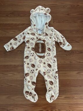Cozy Beige Football Print Hooded Baby One-Piece